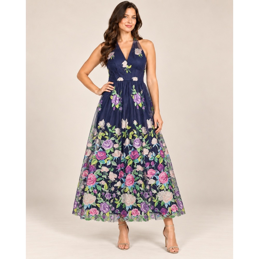 JS Collections Navy Blue Floral Embroidered Halter V-Neck Maxi Gown Dress 8